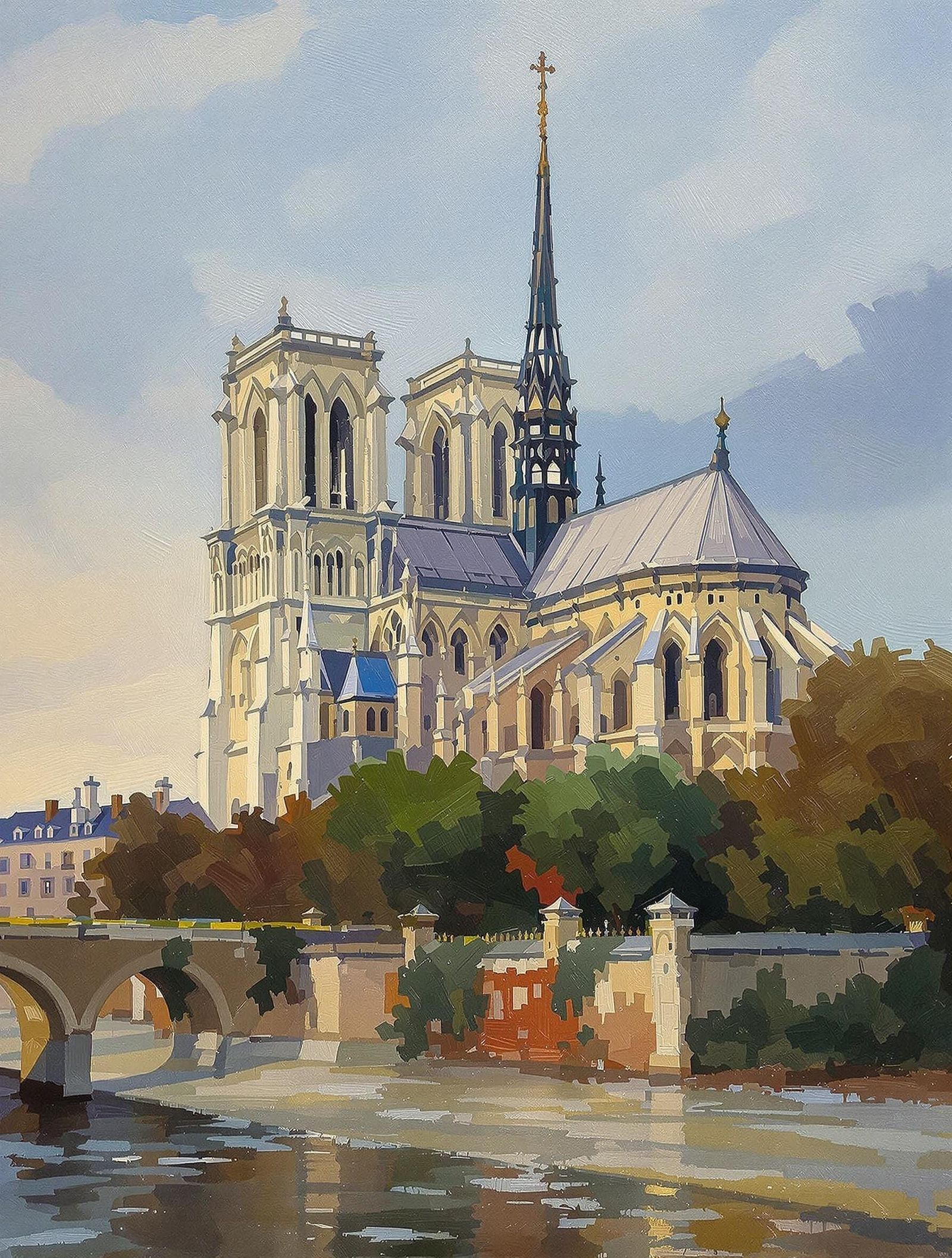 Romantic Oil Painting of Notre Dame Cathedral