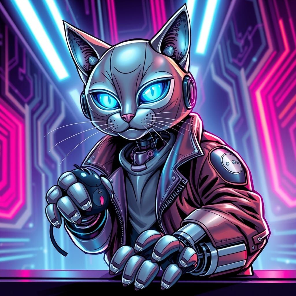 Robot Cat Teases High-Tech Prey in Neon Cyberpunk Scene