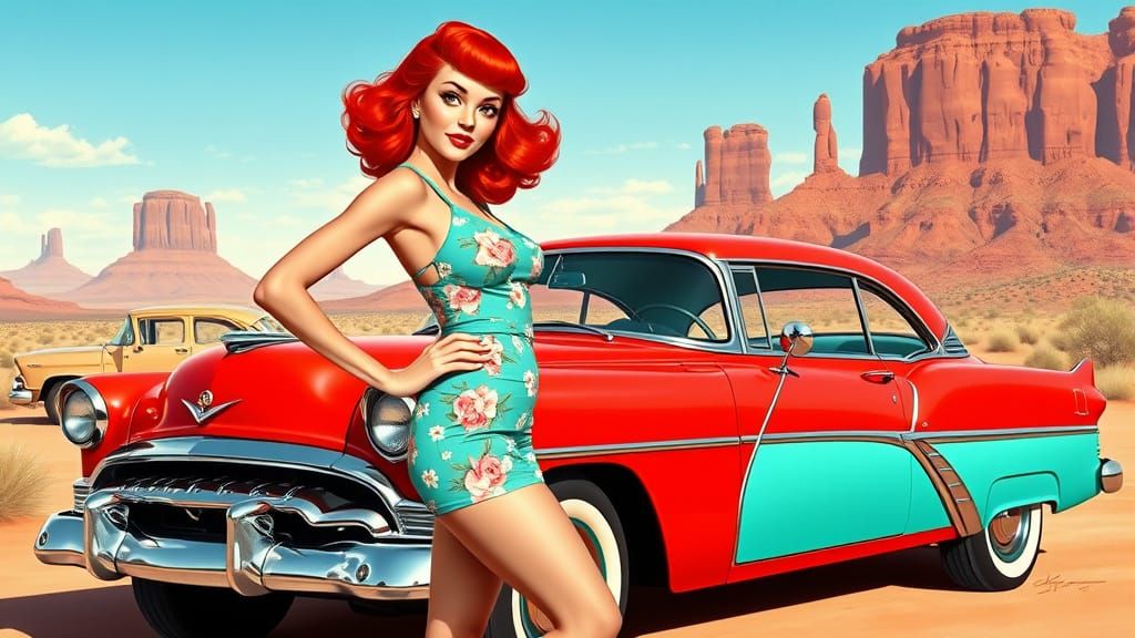 Retro Pin-Up Girl in Desert Landscape