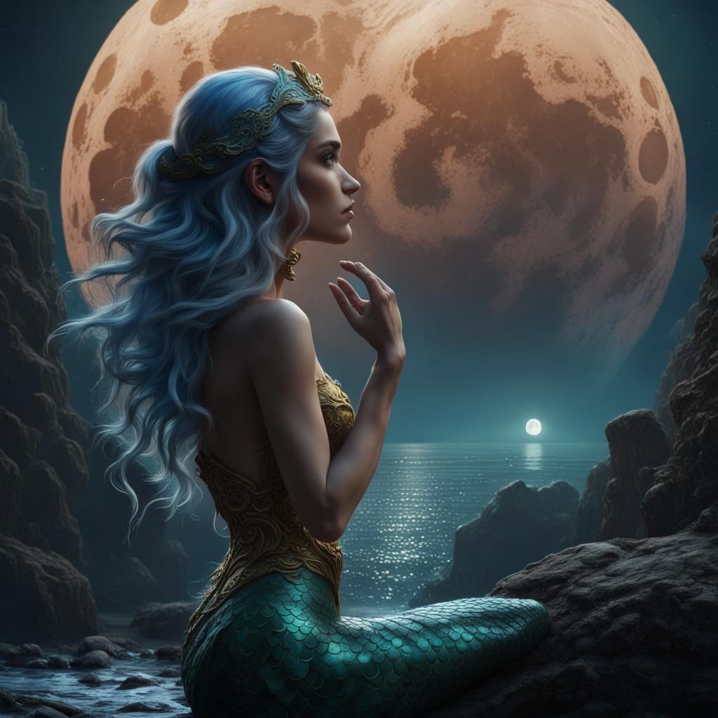 Fantastical Mermaid Gazing at Moon in Detailed Matte Paintin...