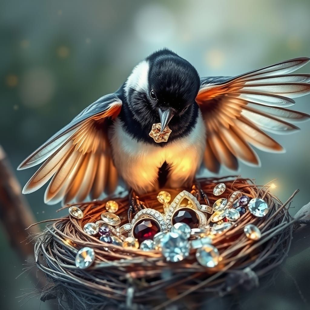 Magpie's Treasure in a Nest of Sparkling Jewels
