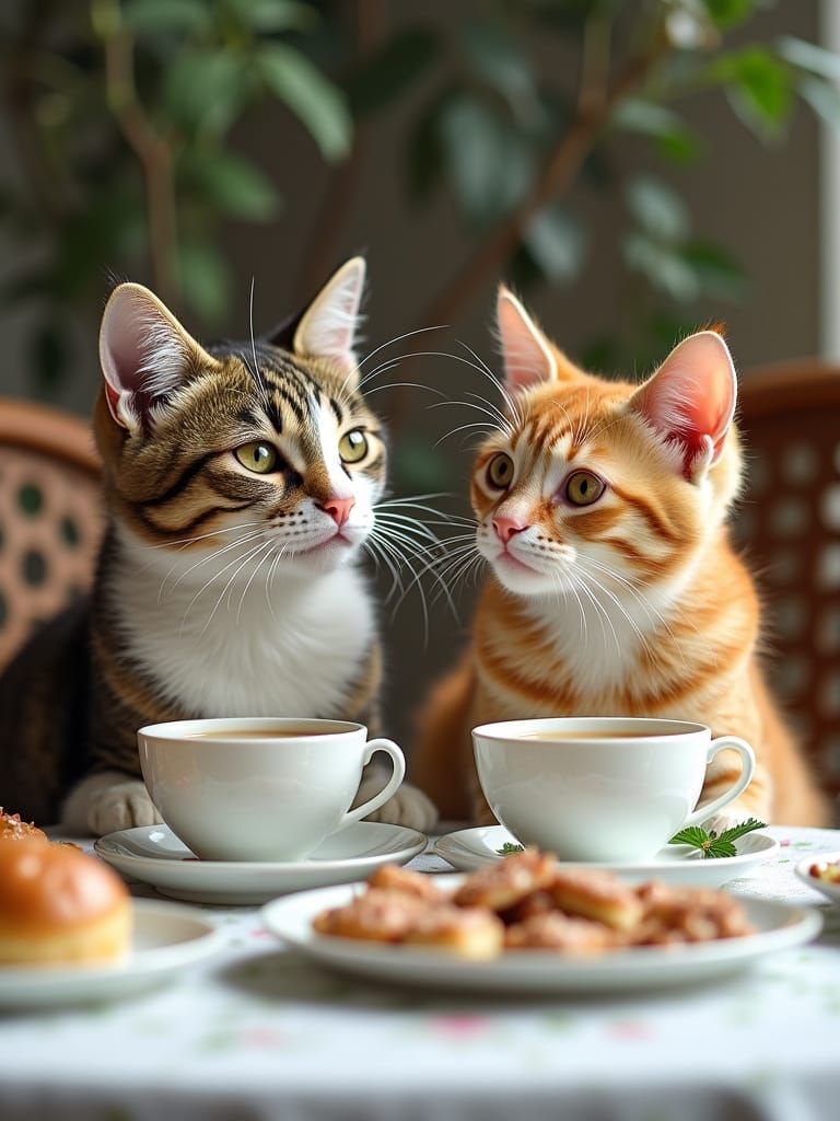 Mother Cat and Kitten Enjoy a Fancy Tea Party with Lactose-F...