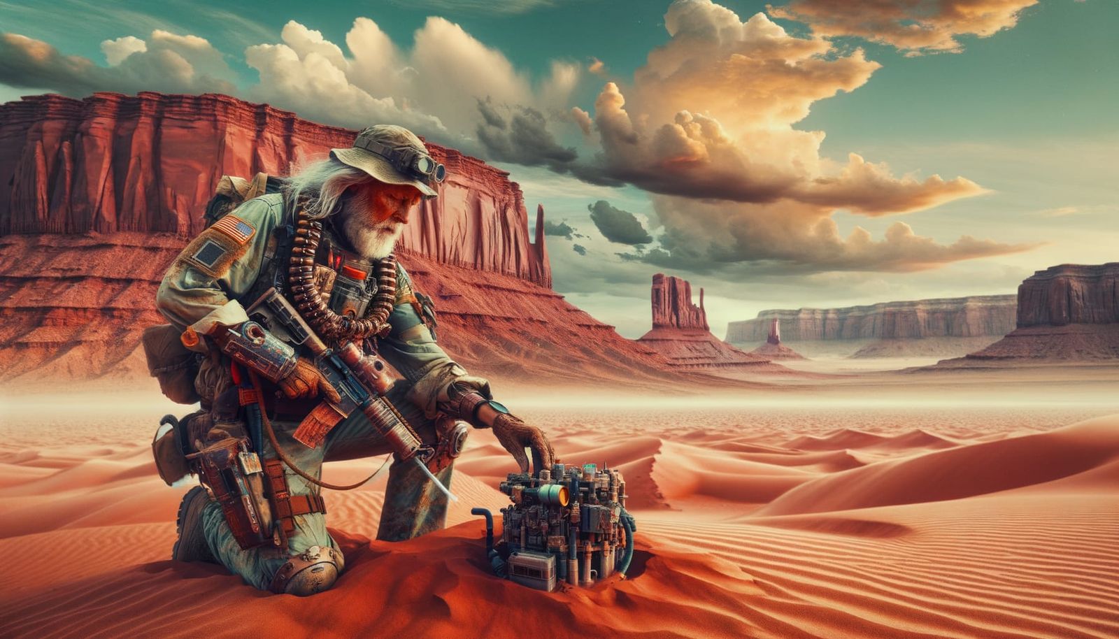 Desert Prospector with Powered Armor in Arid Landscape