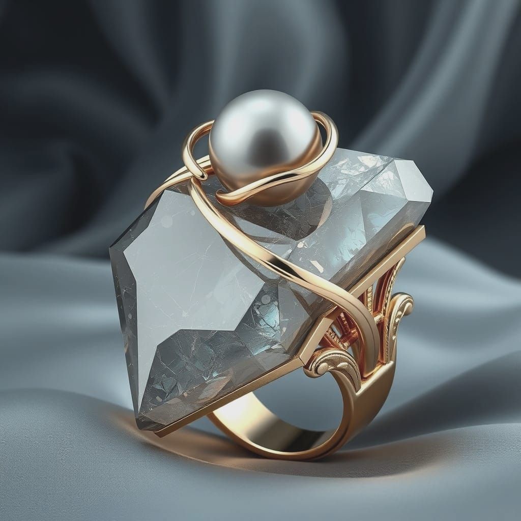 Ethereal Pale Gold Ring with Iridescent Crystal and Pearl