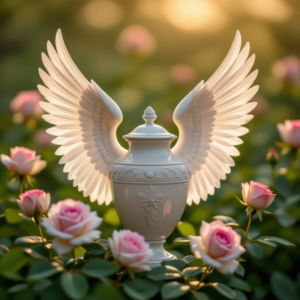 Angel Urn in Rose Garden - Ethereal Light