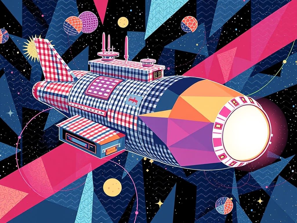 Vibrant Geometric Spaceship in Striped Abstraction