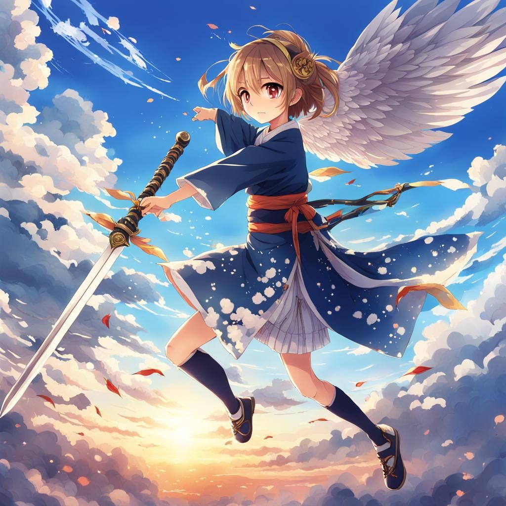Anime Girl with Sword Flying in Sky
