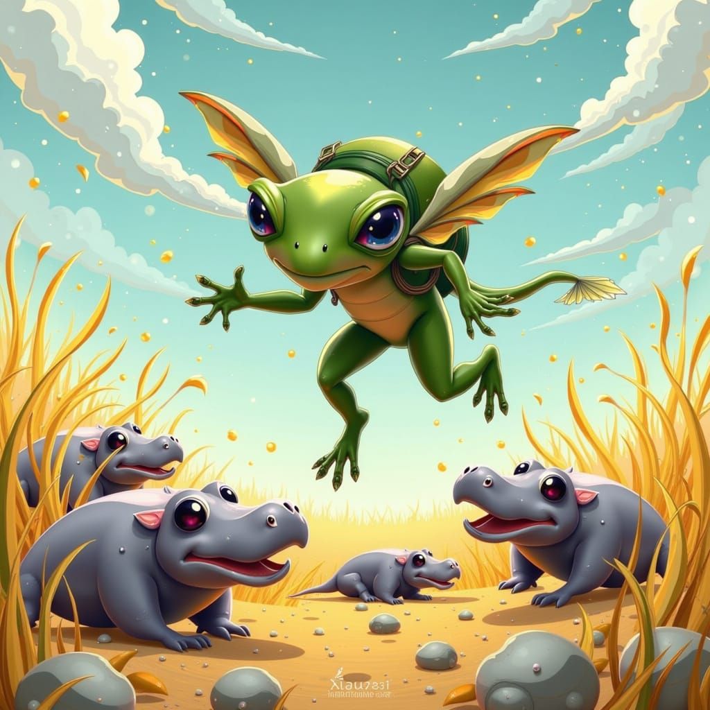 Frogger Leaps Over Playful Hippos in a Vibrant African Lands...