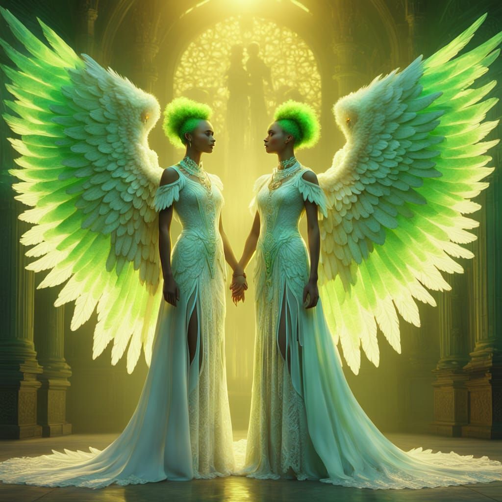 Hyperrealistic Angels with Neon Mohawk and Lace