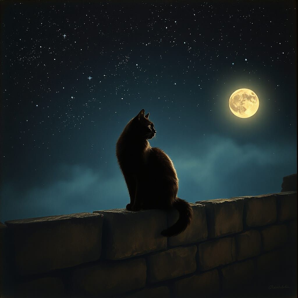 Mysterious Black Cat Contemplates Starry Night