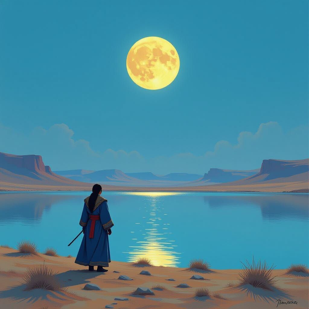 Mongolian Figure Under Moonlight: A Visionary Landscape