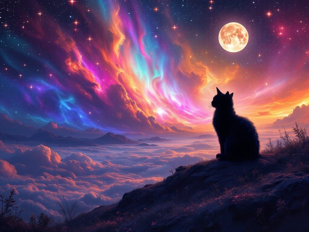 Stunning Cosmic Cat Amidst Vibrant Galaxy and Aurora