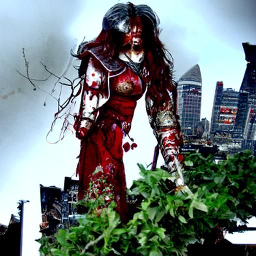 Bloodied Warrior in Overgrown Cityscape