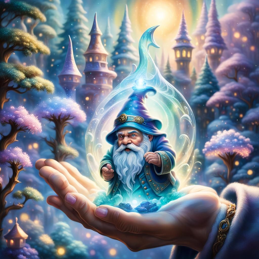 Golden Gnome Hologram Captured by a Human Hand in Whimsical....