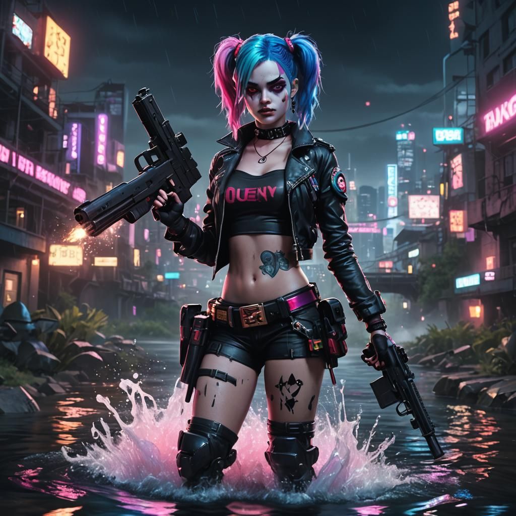 Harley Quinn in River with Neon Lights