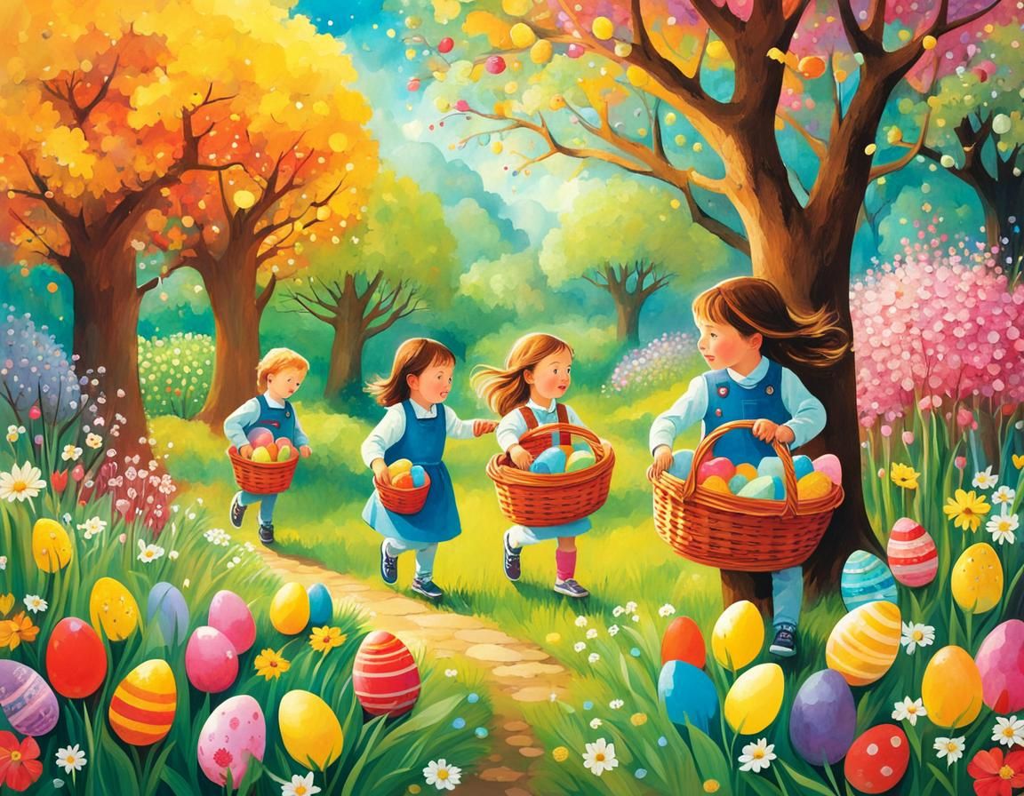 Children's Easter Egg Hunt in Spring Garden Illustration