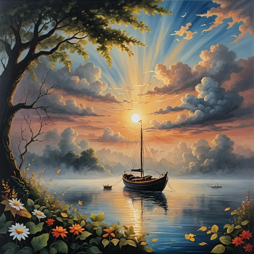 Ethereal Boat Trip in a Foggy, Surreal Scene