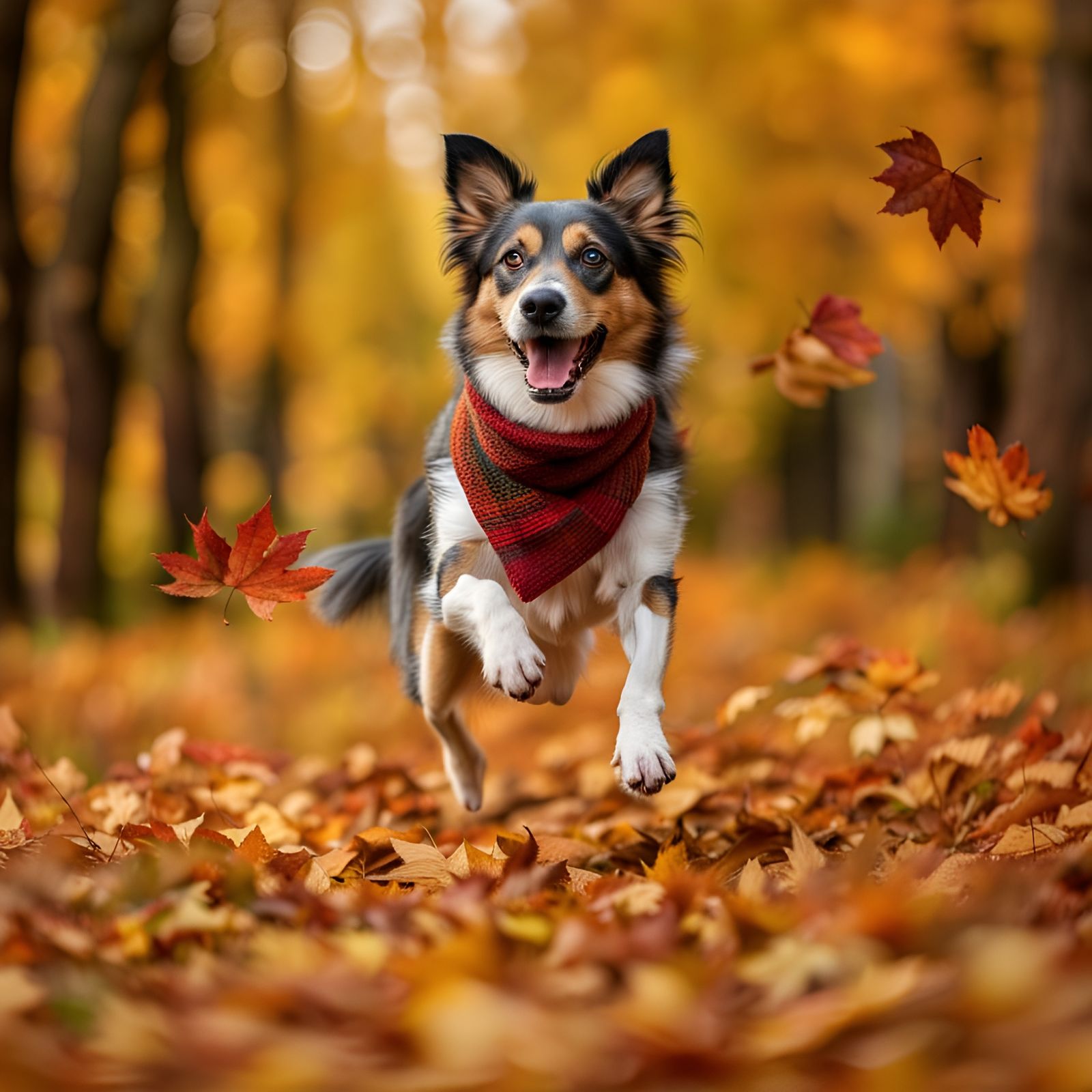 Happy Dog Jumps in Autumn Leaves