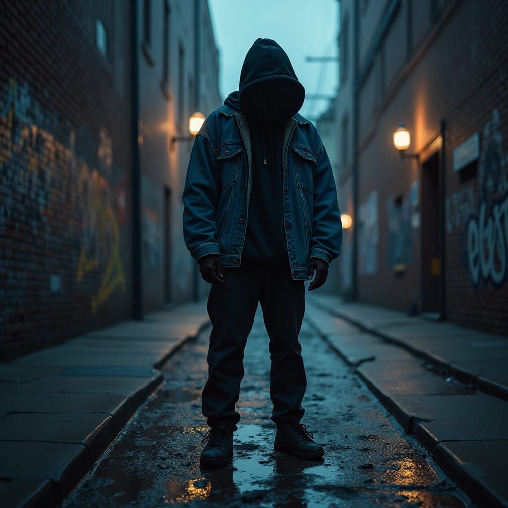 Solemn Rapper Lost in Rainy City Streets at Dusk
