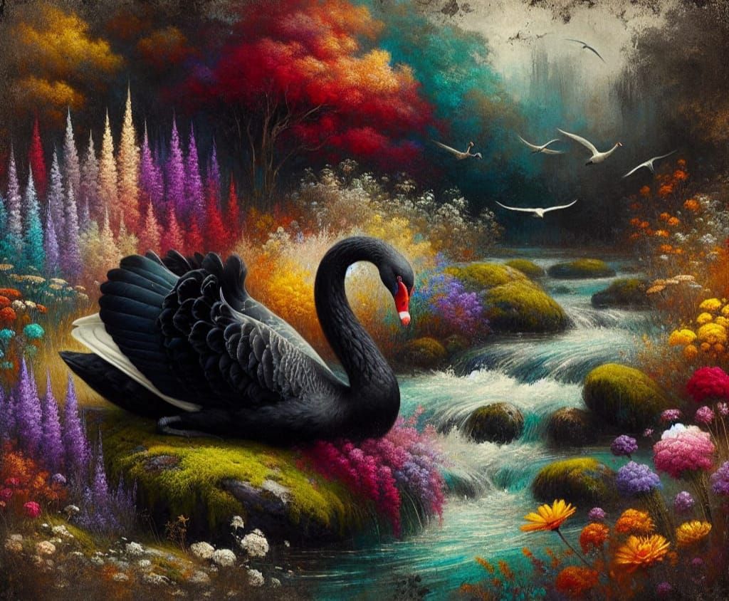 Grunge Oil Painting of Elegant Black Swan in Autumn Landscap...
