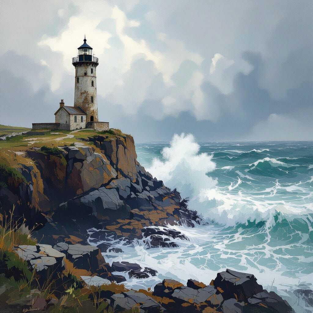 A lone, weathered lighthouse stands atop a craggy cliff overlooking the turbulent sea