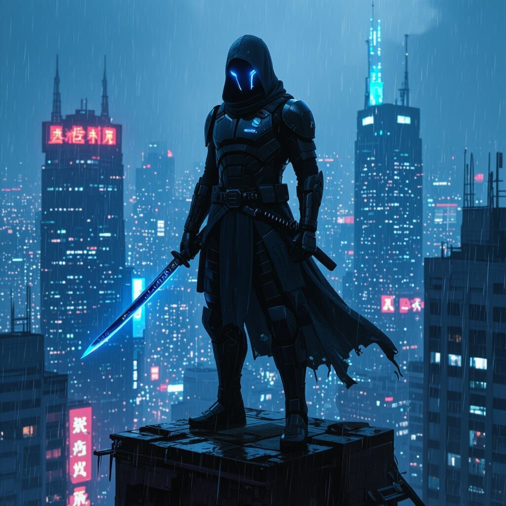 Cyberpunk Ninja on Skyscraper, Oil Painting Style