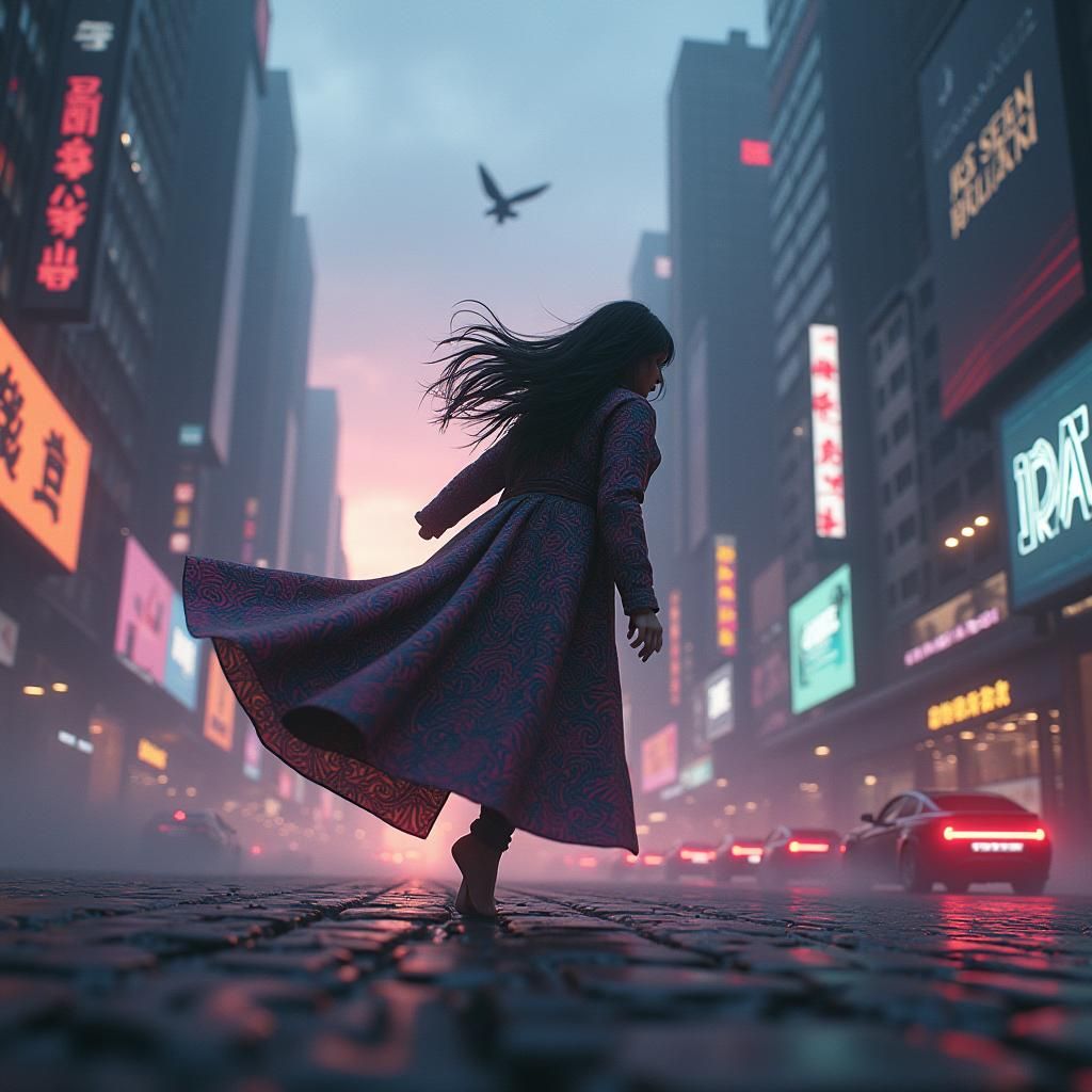 Dystopian Metropolis: Heroine's Escape in Hyper-Realistic St...