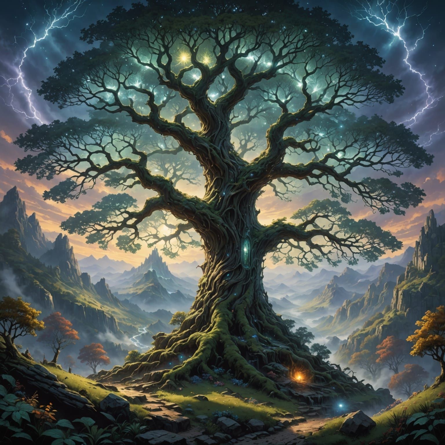 Surreal Silver Tree Illuminates Fantasy Landscape in Digital...