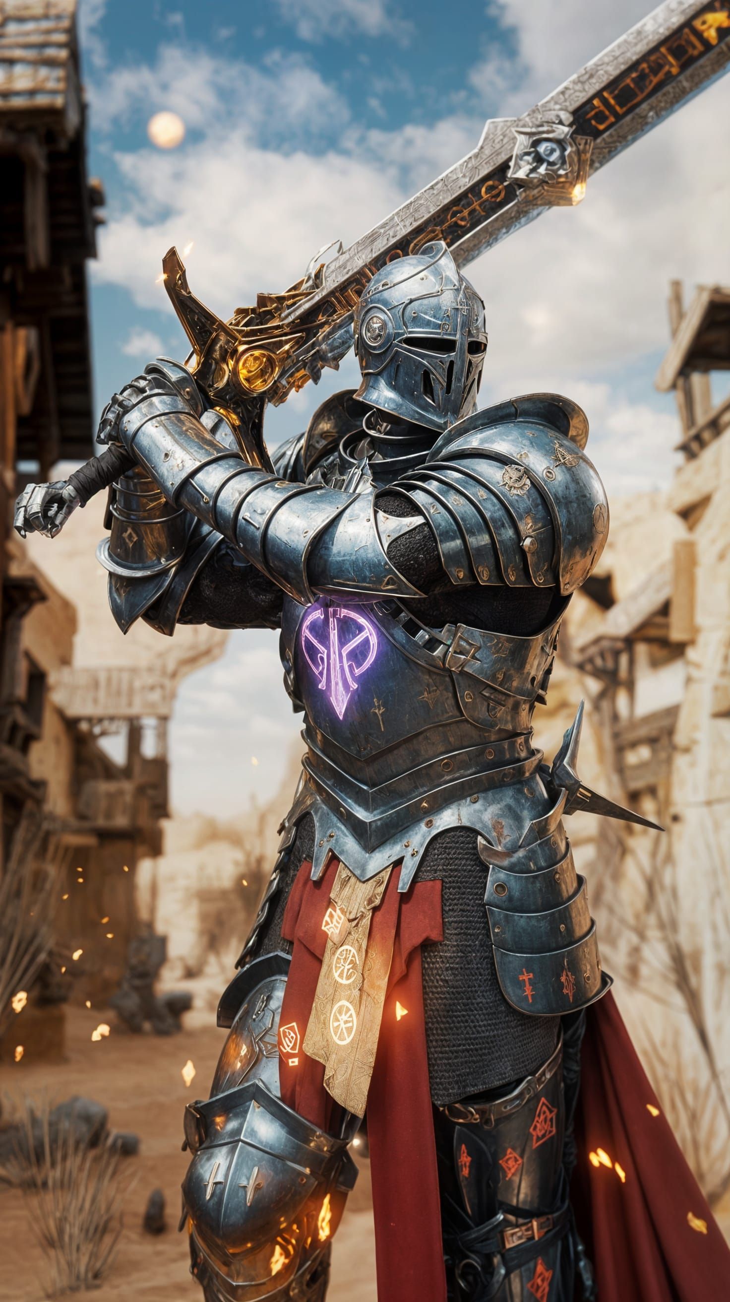 Sci-Fi Knight in Rusted Armor With Glowing Runes