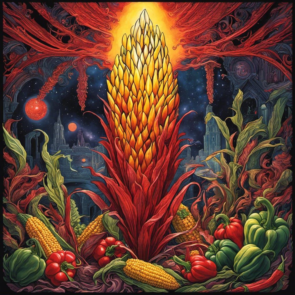 Art Deco Corn God in Dystopian Landscape