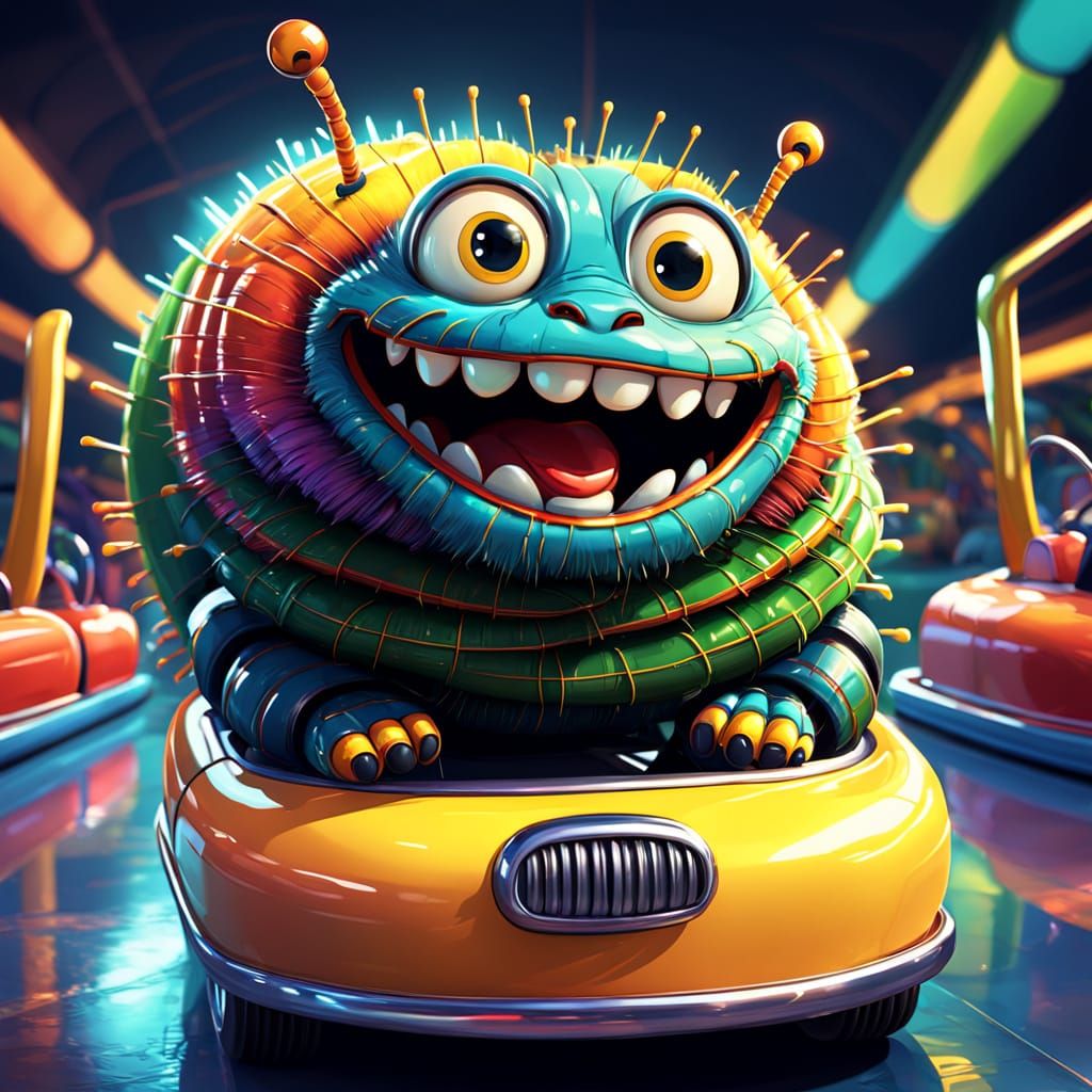 Playful Caterpillar in Bumper Car Cartoon Illustration