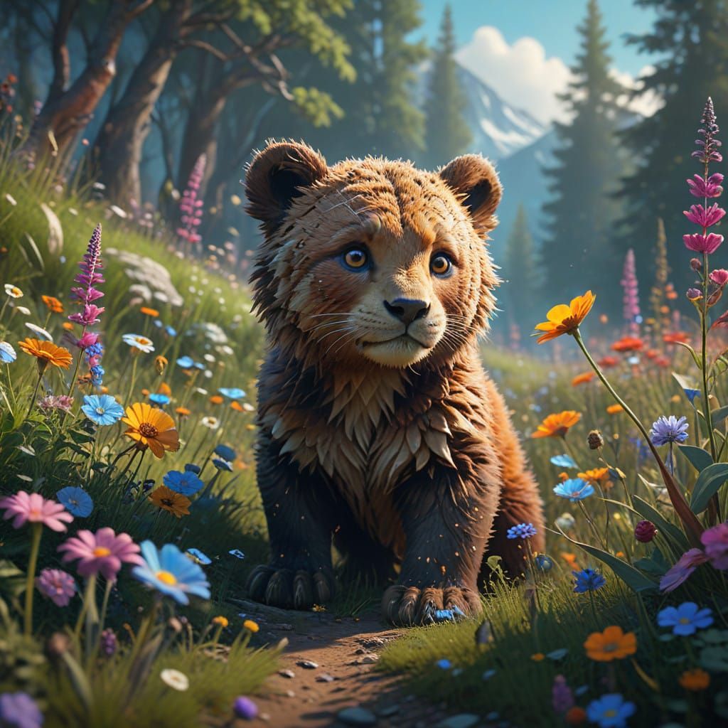 Energetic Cub Discovers Whimsical Meadow in Vibrant 8K