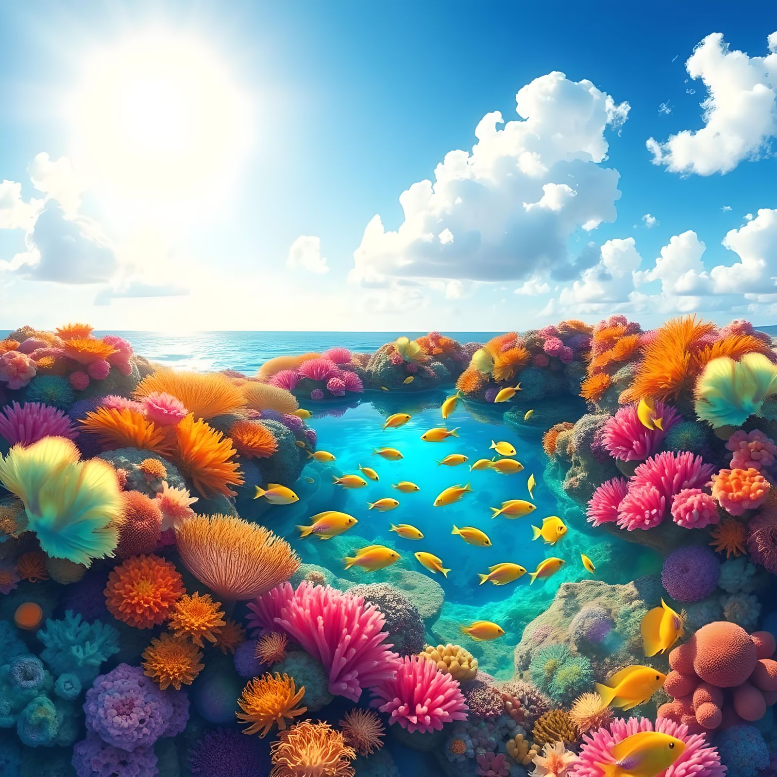 Colorful Coral Reef Pond with Tropical Fish