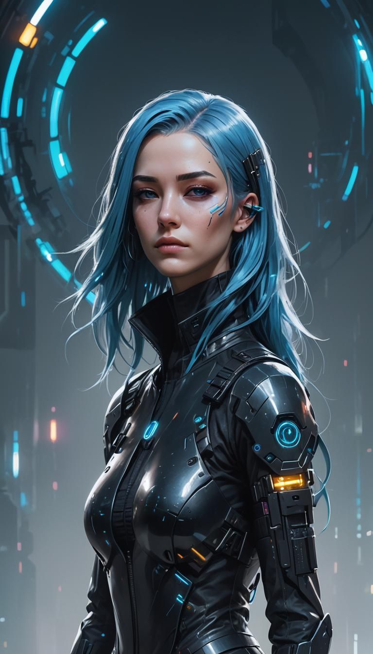 Cyberpunk Girl with Holographic Portrait in Sci-Fi Style