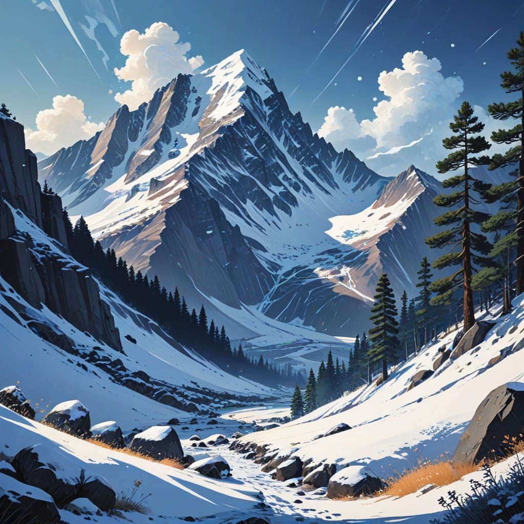 Magnificent Snow-Capped Mountains in Vibrant Manga Style
