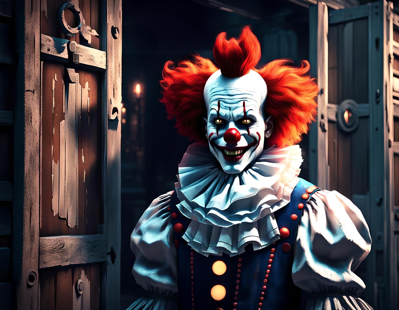 Creepy Redhead Clown Stares from Old House