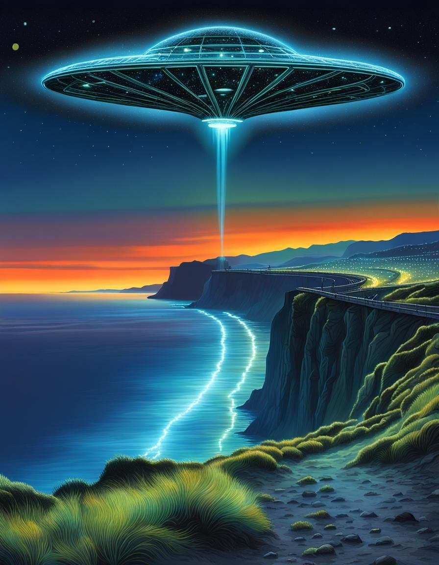 Alien Spaceship Over Bioluminescent Irish Coast