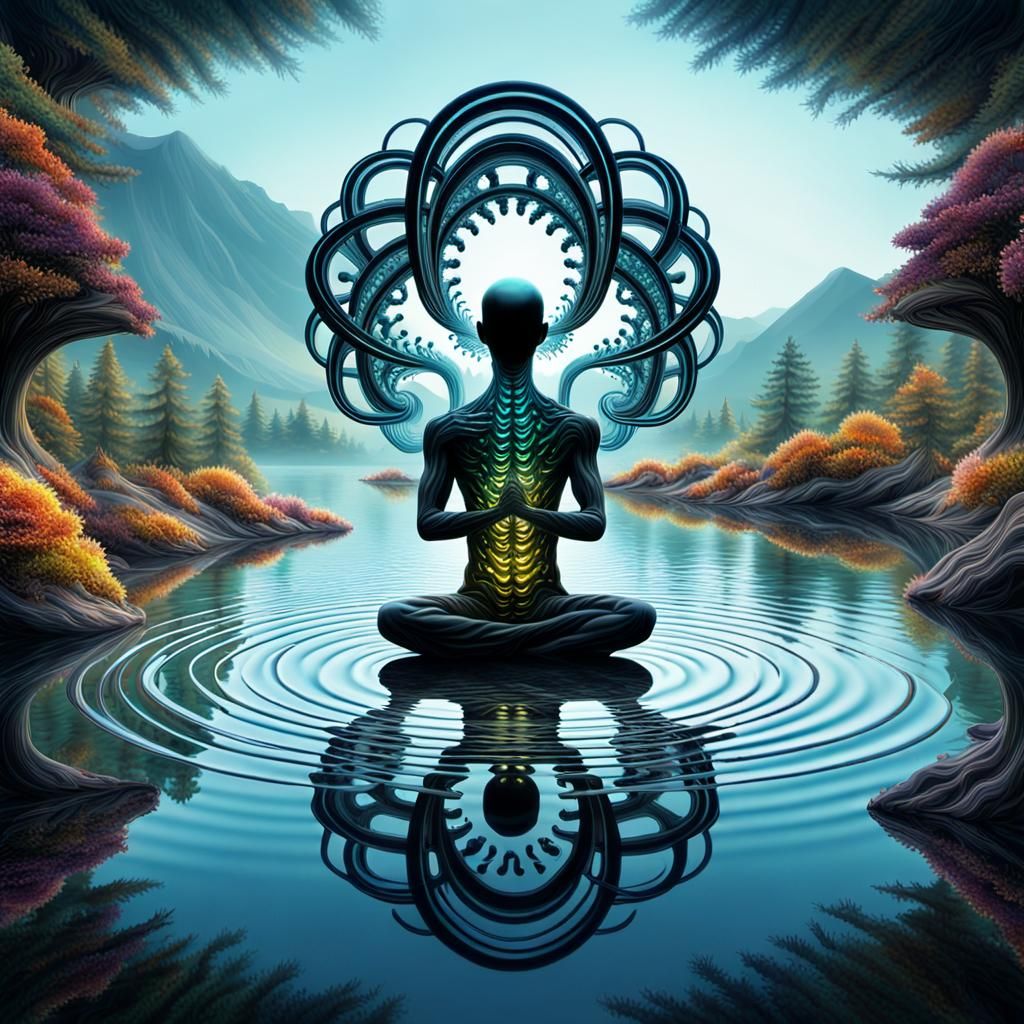 Psychedelic Fractal Ferrofluid Humanoid Meditating on Lake