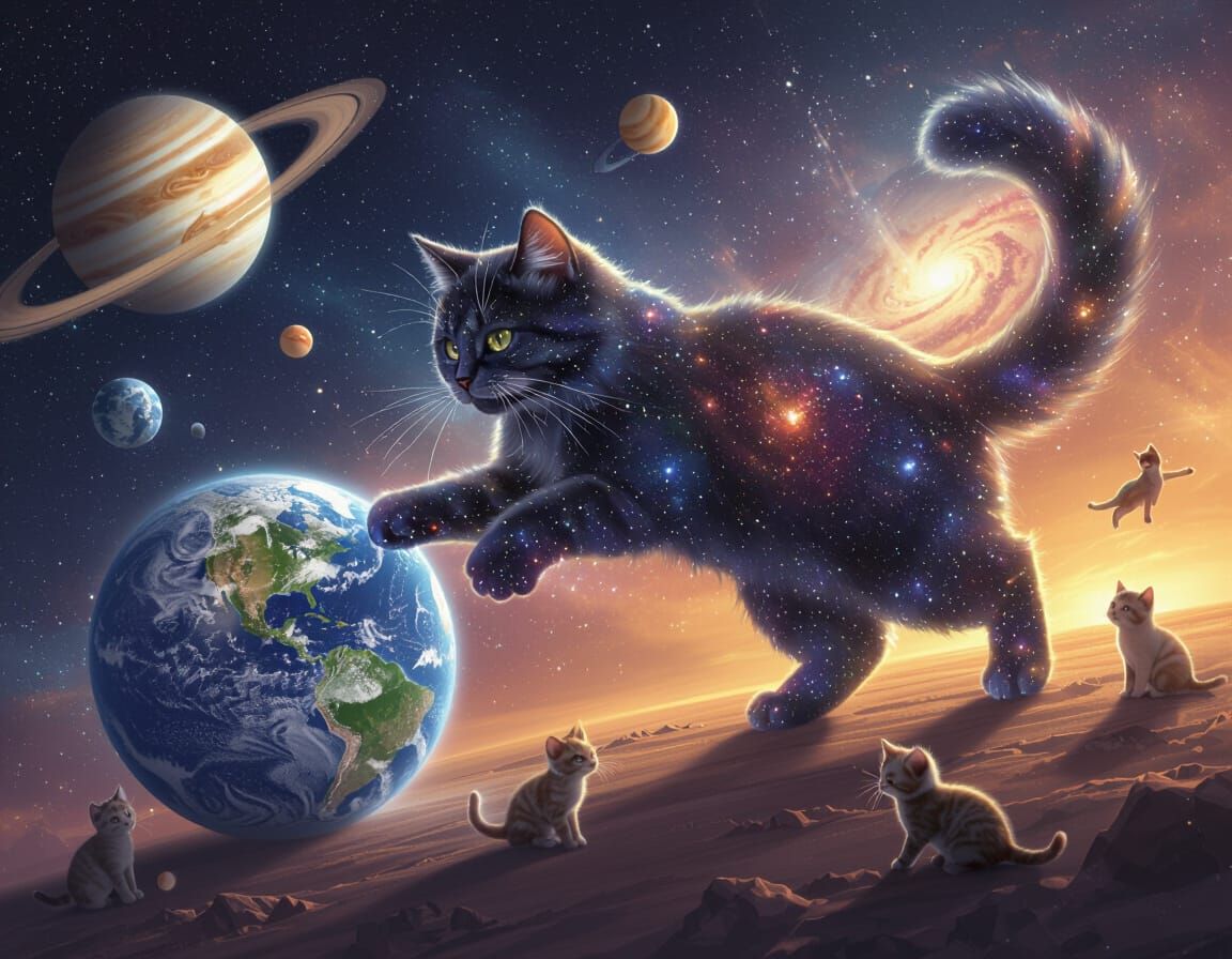 Cosmic Cat Pawing Planet Earth in Stellar Art