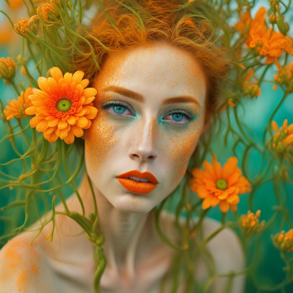 Vibrant Sea Creature with Orange Flowers, Surreal Image
