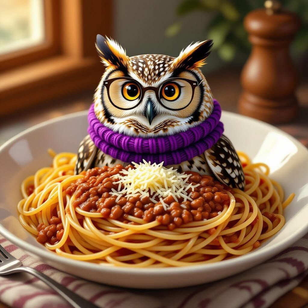Wise Owl in Spaghetti Bolognese Digital Painting