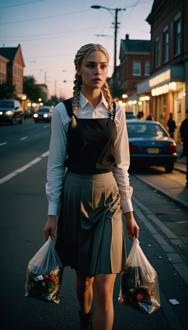 Girl Collecting Trash at Twilight in Photorealistic Style