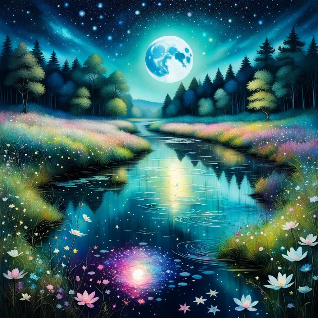 River, stars, full moon, reflections, meadow, Iridescent foi...