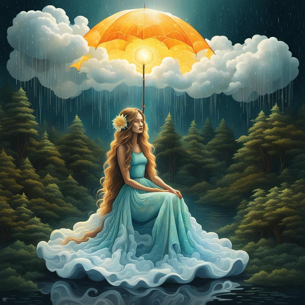 Surreal Woman with Cloud Dress and Sun Crown