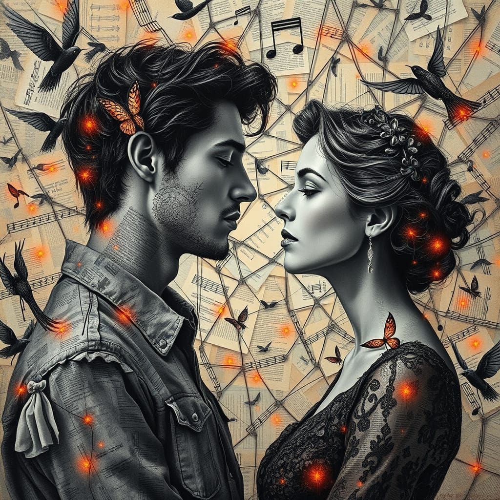 Surreal Portrait of a Dreamy Couple in a Vibrant, Shimmering...
