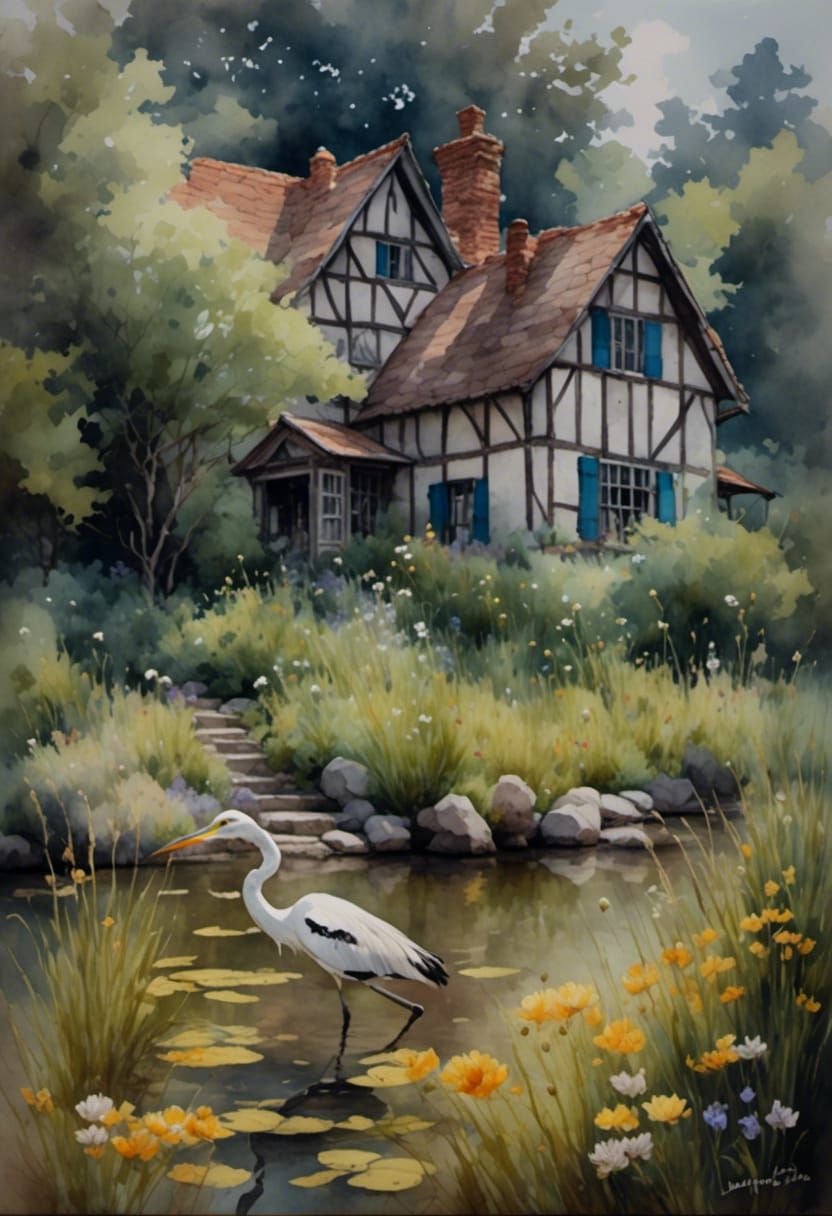 Crane in Flight: Antique Watercolor Painting