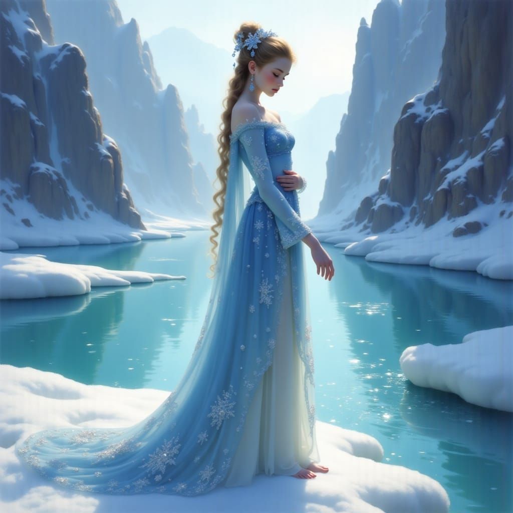 Frozen Serenity: Young Ice Princess in Majestic Winter Lands...