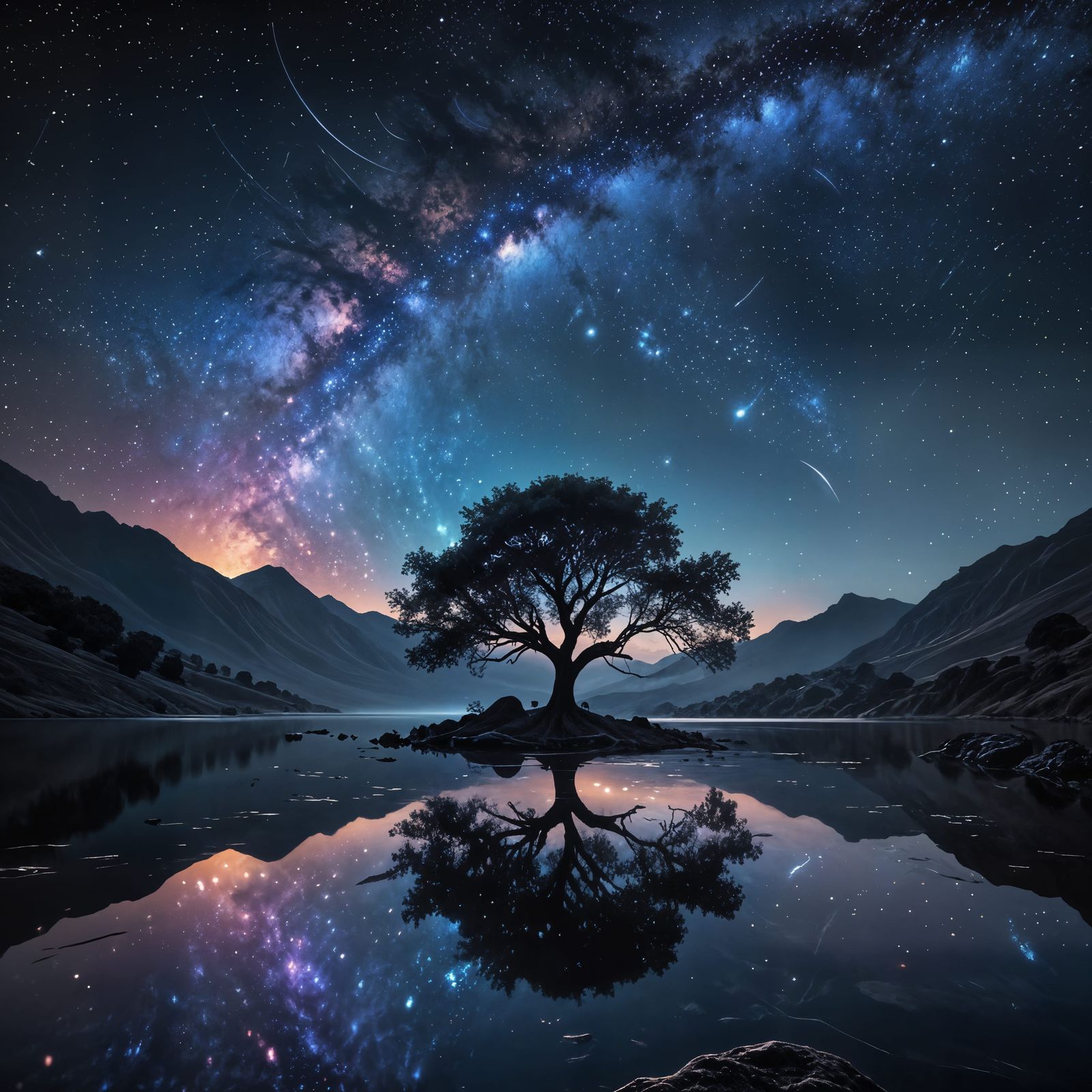 Starry Night Sky Over a Lonely Tree