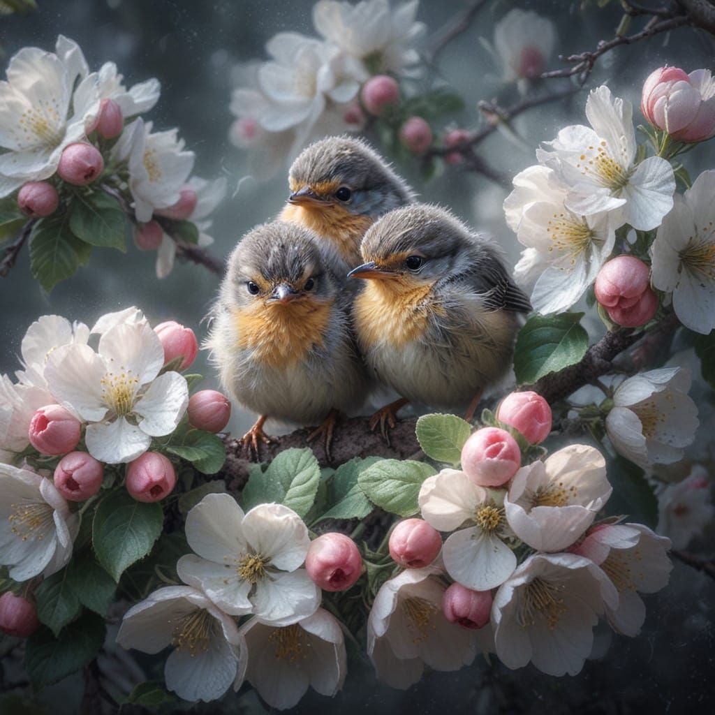 Baby Robins on Apple Blossom Tree in Fine Art