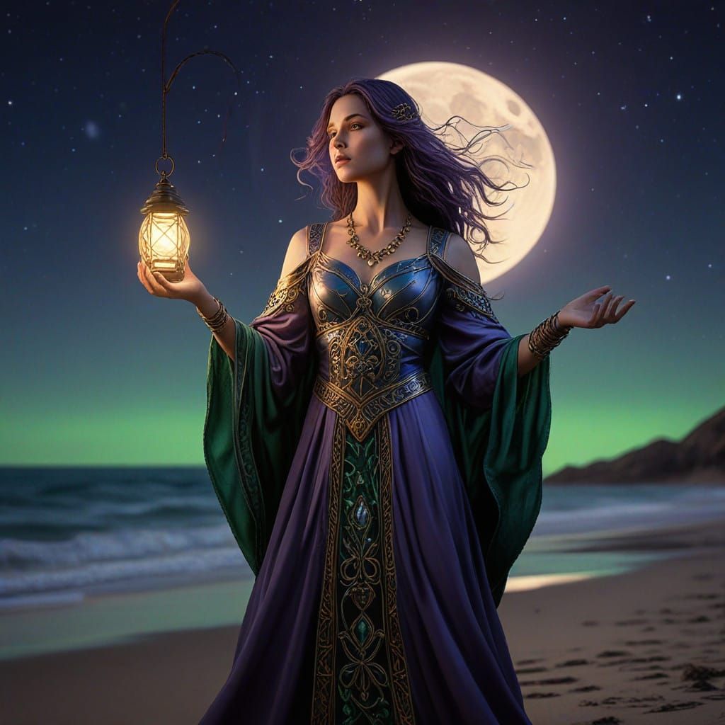Mystical Celtic Sorceress Cradles Glowing Moon on Moonlit Be...